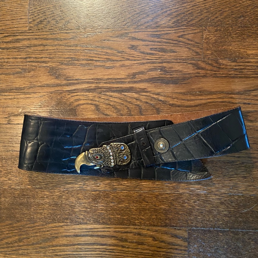 Vintage Boho Black Leather Statement Belt W/ Jeweled Eagle. Size S